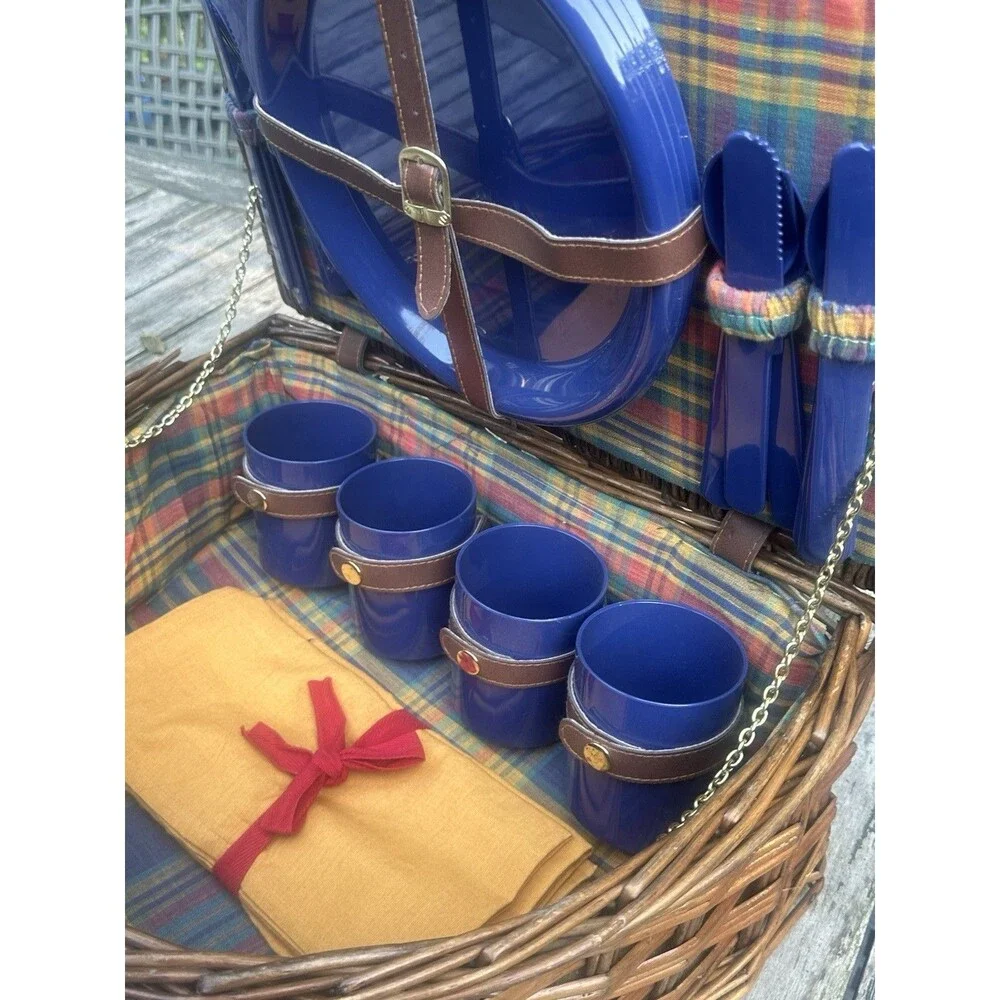 Vintage Brown Wicker Half Moon Picnic Basket Plaid Lined w Blue Dinnerware New